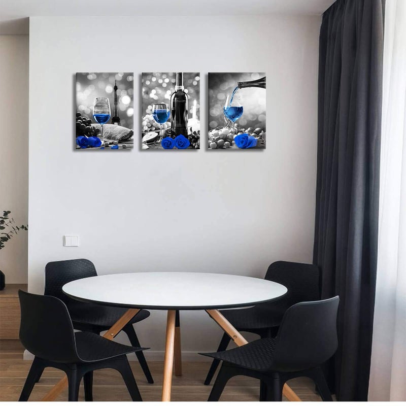KAKEMONO Wine Rose Artwork for Home Walls - Black and White With Blue Wine Painting - Dining Room Decor - Stretched 16x24 Inch - Image 2